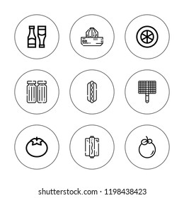 Ketchup icon set. collection of 9 outline ketchup icons with bbq grill, condiment, hot dog, sauces, squeezer, tomato slice icons. editable icons.