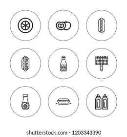 Ketchup icon set. collection of 9 outline ketchup icons with bbq grill, hot dog, hotdog, ketchup, mayonnaise, tomato slice icons. editable icons.