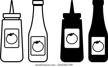 Ketchup Icons. Black and White Vector Illustrations. Tomato Sauce. Seasoning for Meat Dishes. Tasty Food. Fast Food Concept