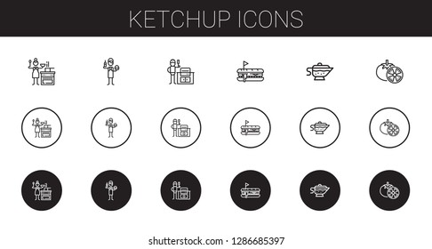 ketchup icons set. Collection of ketchup with sauce, burguer, bbq grill, hot dog, tomatoes. Editable and scalable ketchup icons.