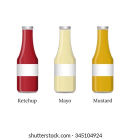 Ketchup, mayo, mustard isolated on white background. Sauces in glass bottles.