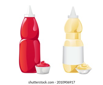 Ketchup and mayonnaise in the bottles with label set. Vector illustration in flat cartoon style.