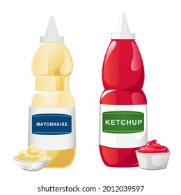 Ketchup und Mayonnaise in den Flaschen mit Etikettensatz. Vektorgrafik im flachen Cartoon-Stil.