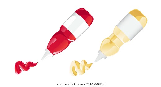Ketchup and mayonnaise in the bottles with label set. Vector illustration in flat cartoon style.
