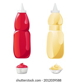 Ketchup and mayonnaise in the bottles without label set. Vector illustration in flat cartoon style.