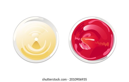 Ketchup and mayonnaise in bowl top view set. Vector illustration in flat cartoon style.
