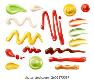 Ketchup and mayonnaise, isolated set of sauce drips and droplets. Vector in realistic style, collection of mustard and wasabi, caramel and cranberry jam for fastfood. Paints or pigments