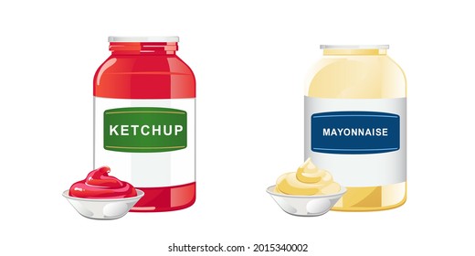 Ketchup und Mayonnaise im Korbgeflecht. Vektorgrafik im flachen Cartoon-Stil.