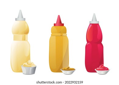 Ketchup, mayonnaise, mustard sauces in bottles set. Realistic vector illustration isolated on white background.