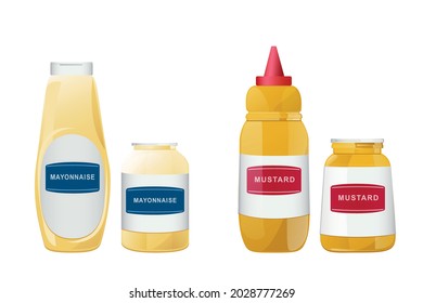 Ketchup, mayonnaise, mustard sauces in bottles and jars set. Realistic vector illustration isolated on white background.