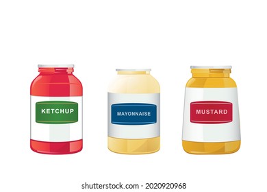 Ketchup, mayonnaise, mustard sauces in jars set. Realistic vector illustration isolated on white background.