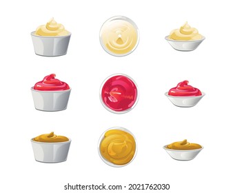 Ketchup, mayonnaise, mustard sauces set. Sauces in ceramic bowls. Realistic vector illustration isolated on white background.