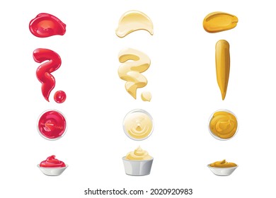 Ketchup, mayonnaise, mustard sauces splashes set. Realistic vector illustration isolated on white background.