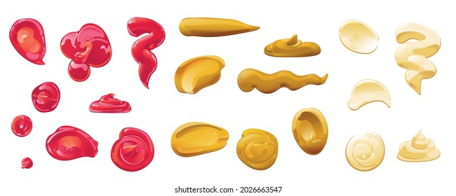 Ketchup, mayonnaise, mustard sauces splashes set. Realistic vector illustration isolated on white background.