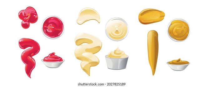 Ketchup, mayonnaise, mustard sauces splashes set. Realistic vector illustration isolated on white background.