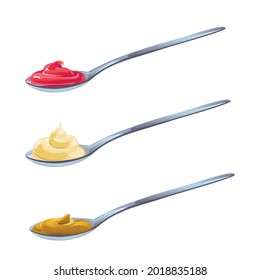 Ketchup, mayonnaise, mustard sauces in the spoons set. Realistic vector illustration isolated on white background.