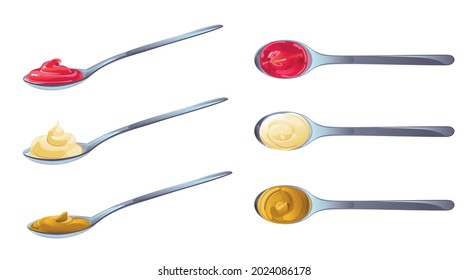 Ketchup, mayonnaise, mustard sauces in the spoons set. Realistic vector illustration isolated on white background.