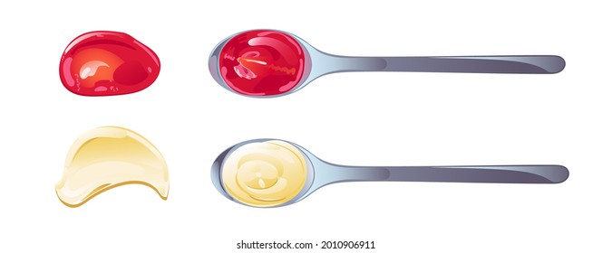 Ketchup and mayonnaise in spoons with swirl set. Vector illustration in flat cartoon style.