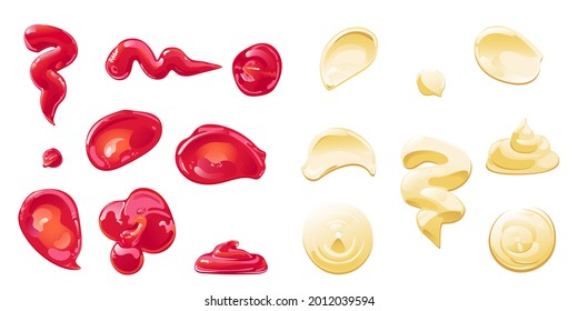 Ketchup and mayonnaise stains, splahes, blobs set. Vector illustration in flat cartoon style.