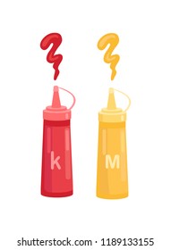 Ketchup and mustard in bottle vector cartoon icon. Set of plastic tubes squeezing sauce, isolated badges, emblem for restaurant or cafe menu cover