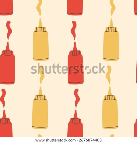 Ketchup and Mustard Bottles Seamless Pattern. Modern hand drawn Fast Food Sauce Background with red and yellow packages. Minimal flat style repeat vector illustration