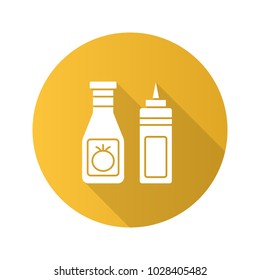 Ketchup and mustard flat design long shadow glyph icon. Condiment bottles. Vector silhouette illustration