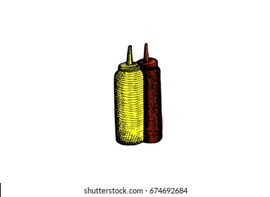 Ketchup and mustard, graphic hand drawn illustration isolated on white background