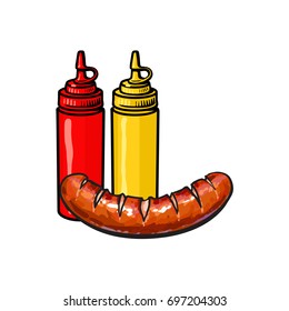 Ketchup, Mustard And Grilled, Roasted Sausage, Fast Food Concept, Sketch Vector Illustration On White Background. Realistic Hand Drawing Of Grilled, Roasted Sausage With Ketchup And Mustard Bottles