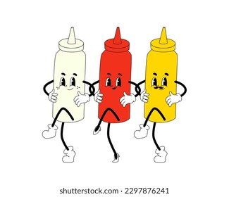 Ketchup, mustard and mayo trendy characters. Groovy bottle of sauces mascots. Psychedelic vintage illustration in 60s, 70s