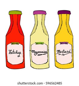 Ketchup, Mustard, Mayonnaise bottles. Hand drawn artistic sketch set. Various condiments with letters. Vector cooking collection.