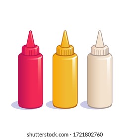 Ketchup, mustard and mayonnaise bottles isolated on white background. Vector icons for fast food illustration in cartoon style.