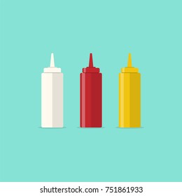 Ketchup, mustard and mayonnaise bottles with sauce for fast food. Illustration in flat style 