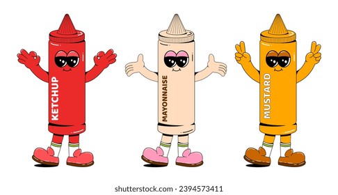 Ketchup, mustard and mayonnaise character in retro cartoon style. Vector illustration of fast food sauces on a white isolated background. A set of sauces with arms, legs and a cheerful face.