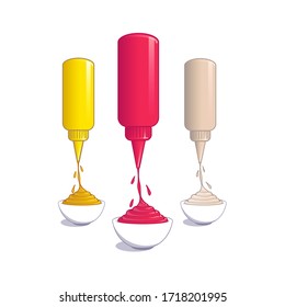 Ketchup, mustard and mayonnaise dripping from bottle into bowl. Vector illustration in cartoon style.