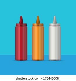 Ketchup mustard and mayonnaise realistic 3d vector bottles set isolated on blue background. Sauces bottles mock up design template collection 
