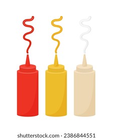 Ketchup, mustard, mayonnaise sauce collection flat vector illustration