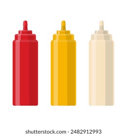 Ketchup, Mostaza y salsa de mayonesa exprimen botellas. Contenedores de condimentos tradicionales. Ilustración vectorial en estilo plano