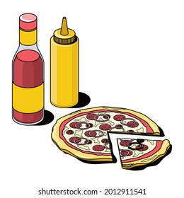 Ketchup, mustard and pizza. Vector 3d sketch line isometric, color icon illustration, flat style. Creative design idea and elements for infographics and website.