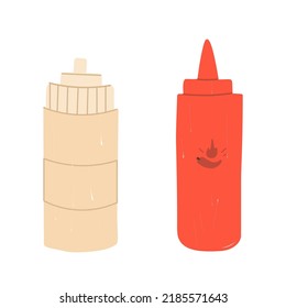 Ketchup and mustard plastic bottles, picnic vector illustration in cartoon style for sticker, print, poster, card