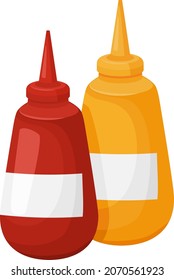 Ketchup and mustard sauce for fast food. Vector bottle with mustard and ketchup sauce isolated for snack illustration