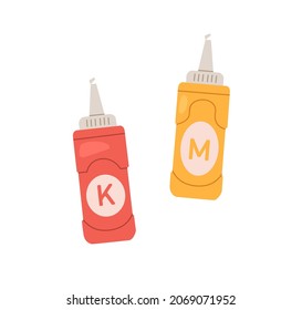 Ketchup and mustard sauces in plastic bottles. Red tomato catsup and yellow dressing in containers. American spicy condiments for fast food. Flat vector illustration isolated on white background