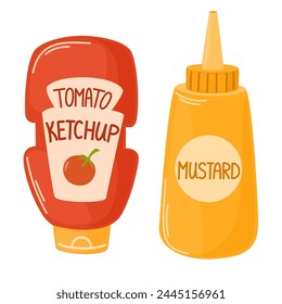 Ketchup and mustard sauces in plastic bottles. Red tomato catsup and yellow dressing in containers. American spicy condiments for fast food. Flat vector illustration isolated on white background