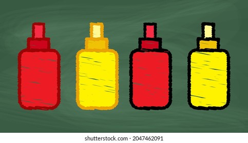 Ketchup and mustard squeeze bottle set Icon design, Colorful chalk. Draw a picture on the blackboard.