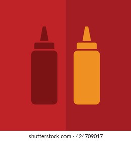 Ketchup and mustard squeeze bottle vector icon illustration. Red background
