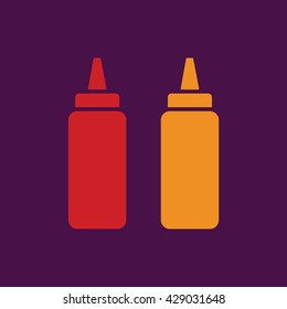 Ketchup and mustard squeeze bottle vector icon illustration. Purple background