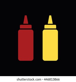 Ketchup and mustard squeeze bottle vector icon illustration. Black background