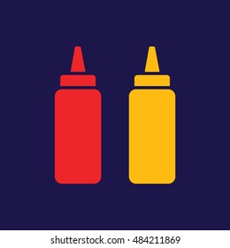 Ketchup And Mustard Squeeze Bottle Vector Icon. Blue Background