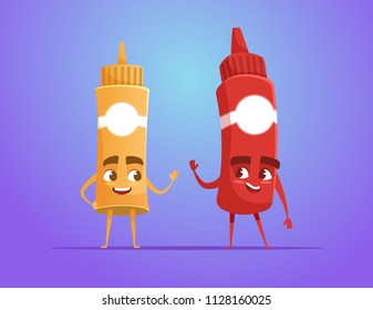 Ketchup and mustard waving hand as friends. Food characters. Funny cartoon characters. Vector illustration isolated on colorful gradient.