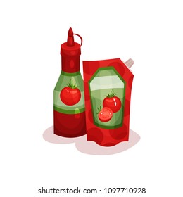 Ketchup in plastic bottle and soft package. Organic product. Flat vector element for promo banner or poster