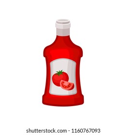 Ketchup in red plastic bottle. Natural product. Tasty liquid condiment for dishes. Flat vector for advertising poster or banner